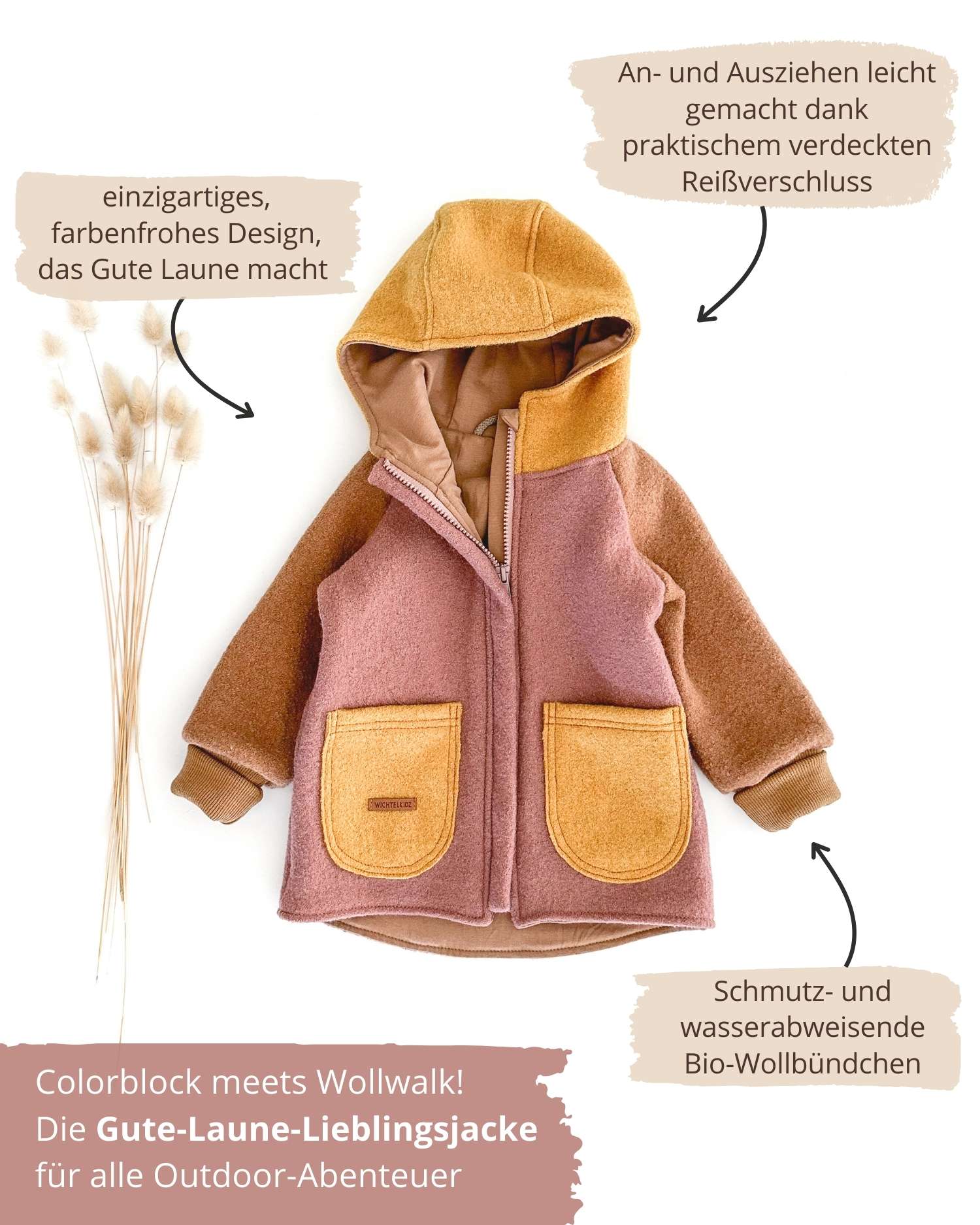 Rose Mädchen Colorblock Kinder Walkjacke aus Schurwolle